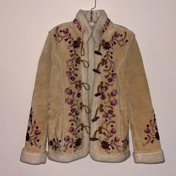 Jackets & Blazers - Bohemian Genuine Leatherher Floral Embroidered Tan Jacket Coat Button Up